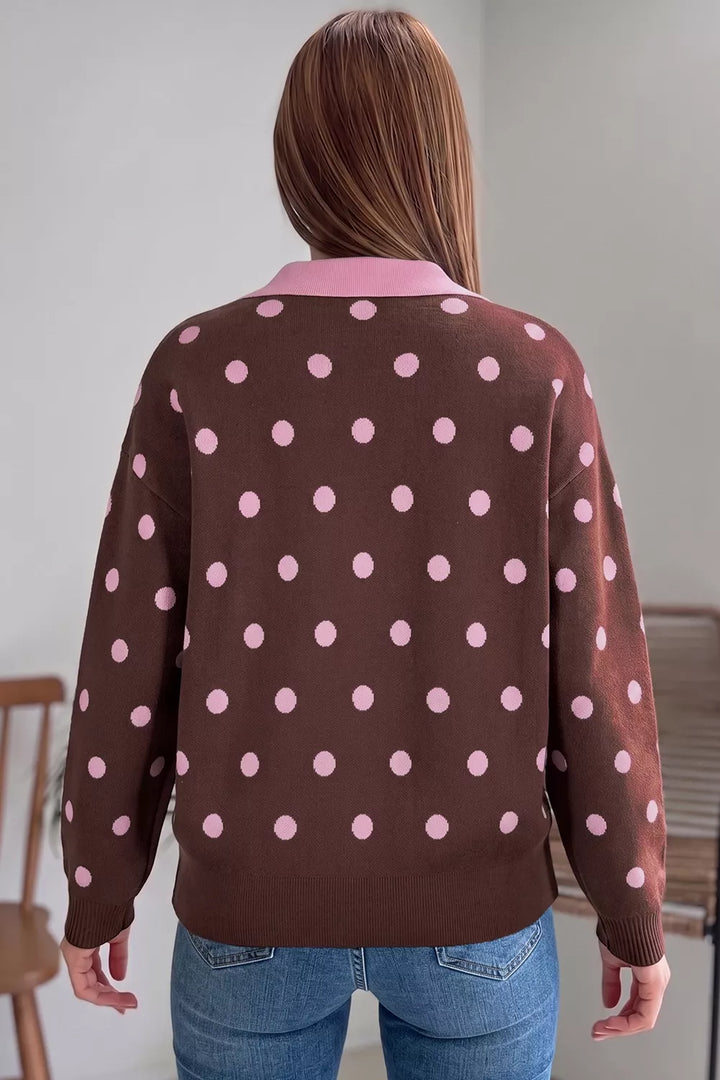 Polka dot contrast collar loose knit pullover sweater