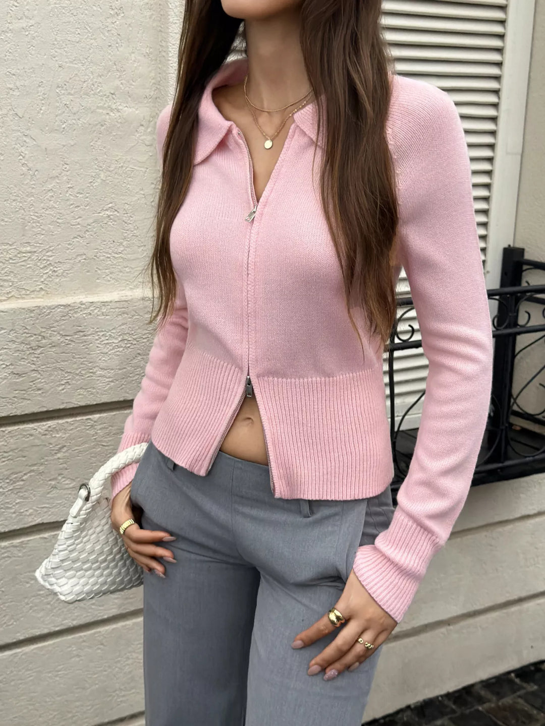 Pink Collared two-way zip knit cardigan with ribbed waist