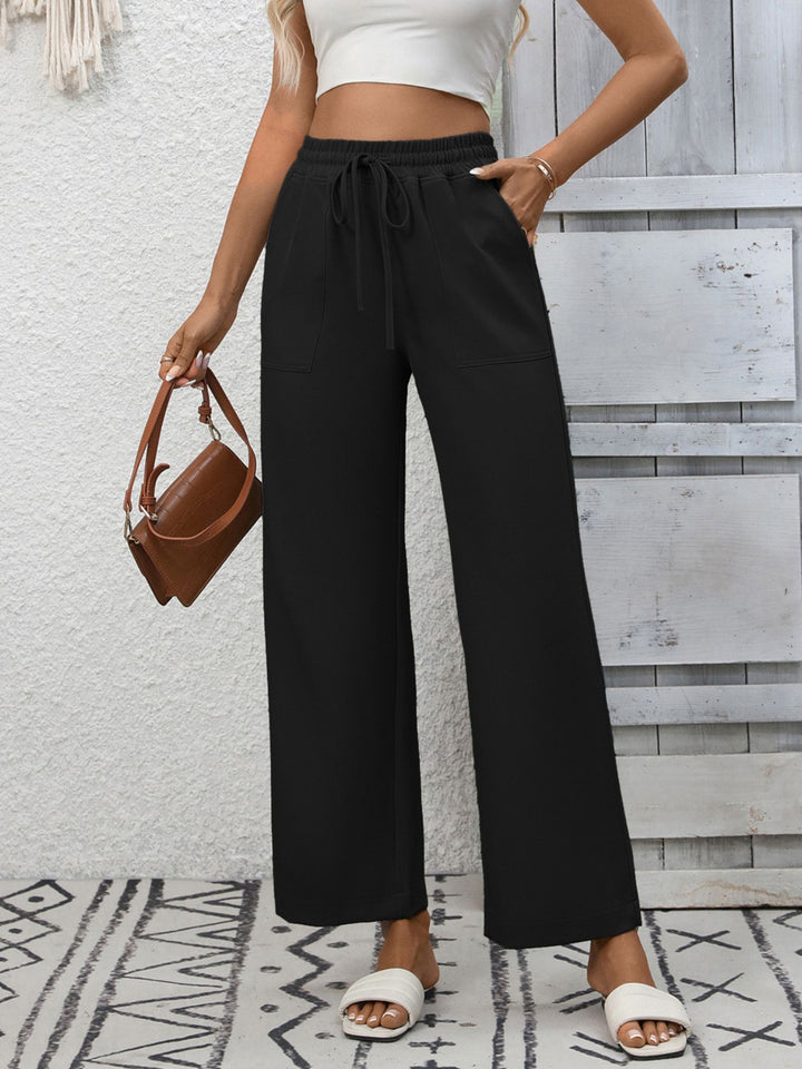 Drawstring wide leg pants with patch pockets