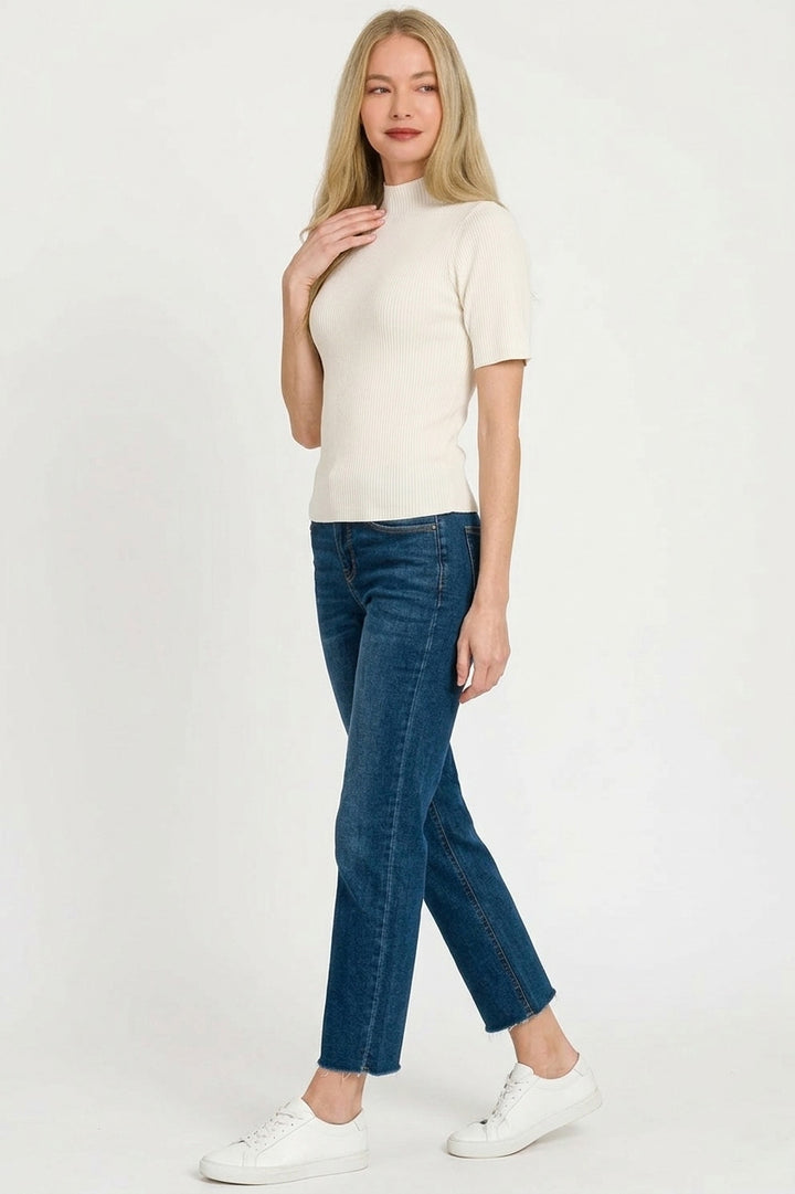 Ribbed knit mock neck short sleeve top