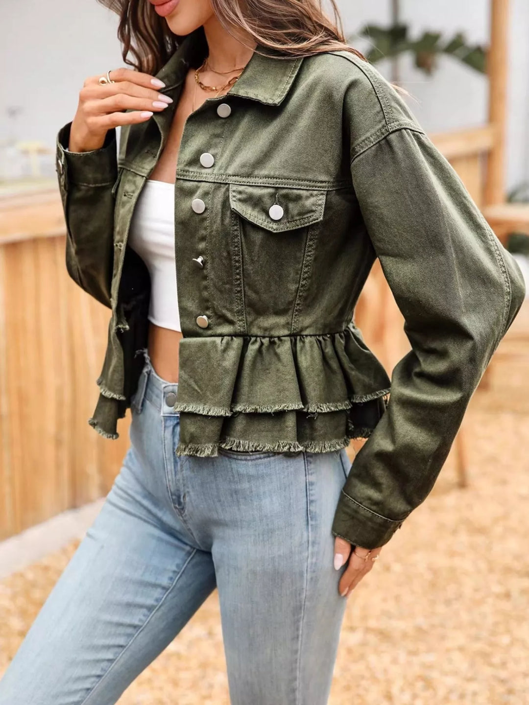 Tiered ruffle raw-hem cropped denim jacket