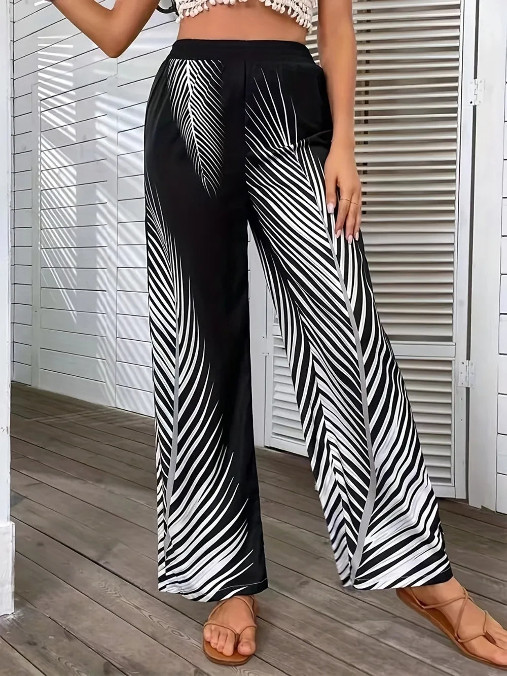 Tropical palm print wide leg pants with elastic waist
