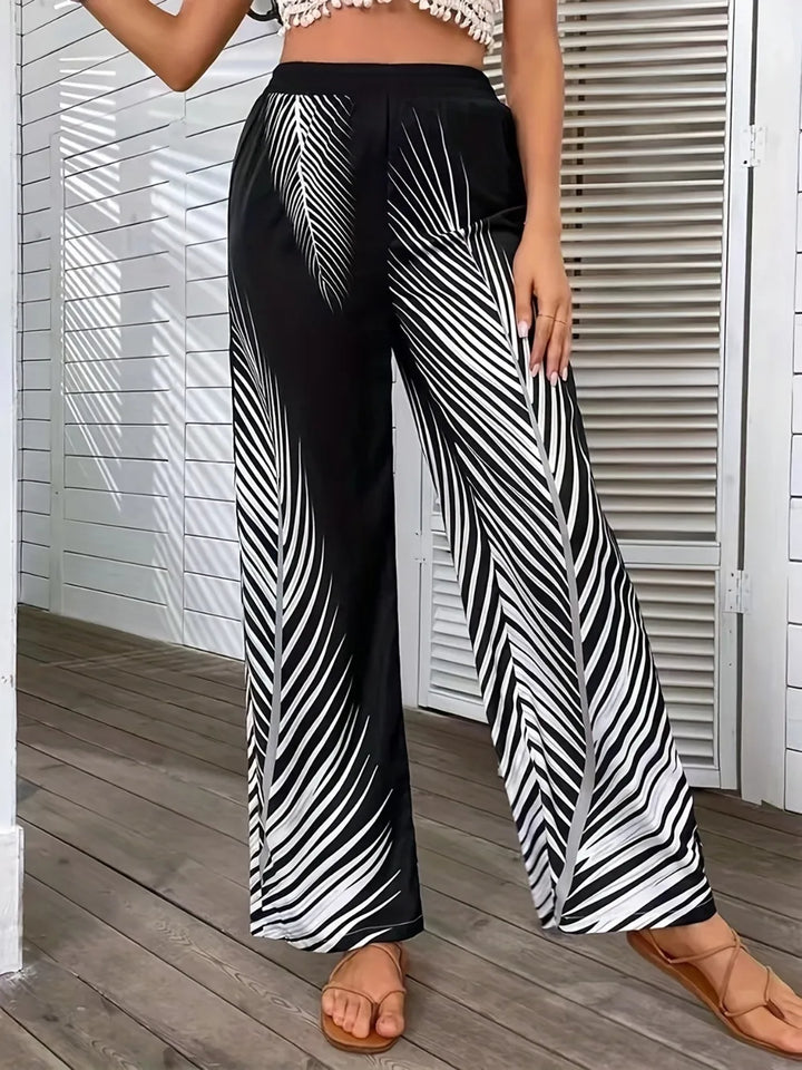Tropical palm print wide leg pants with elastic waist