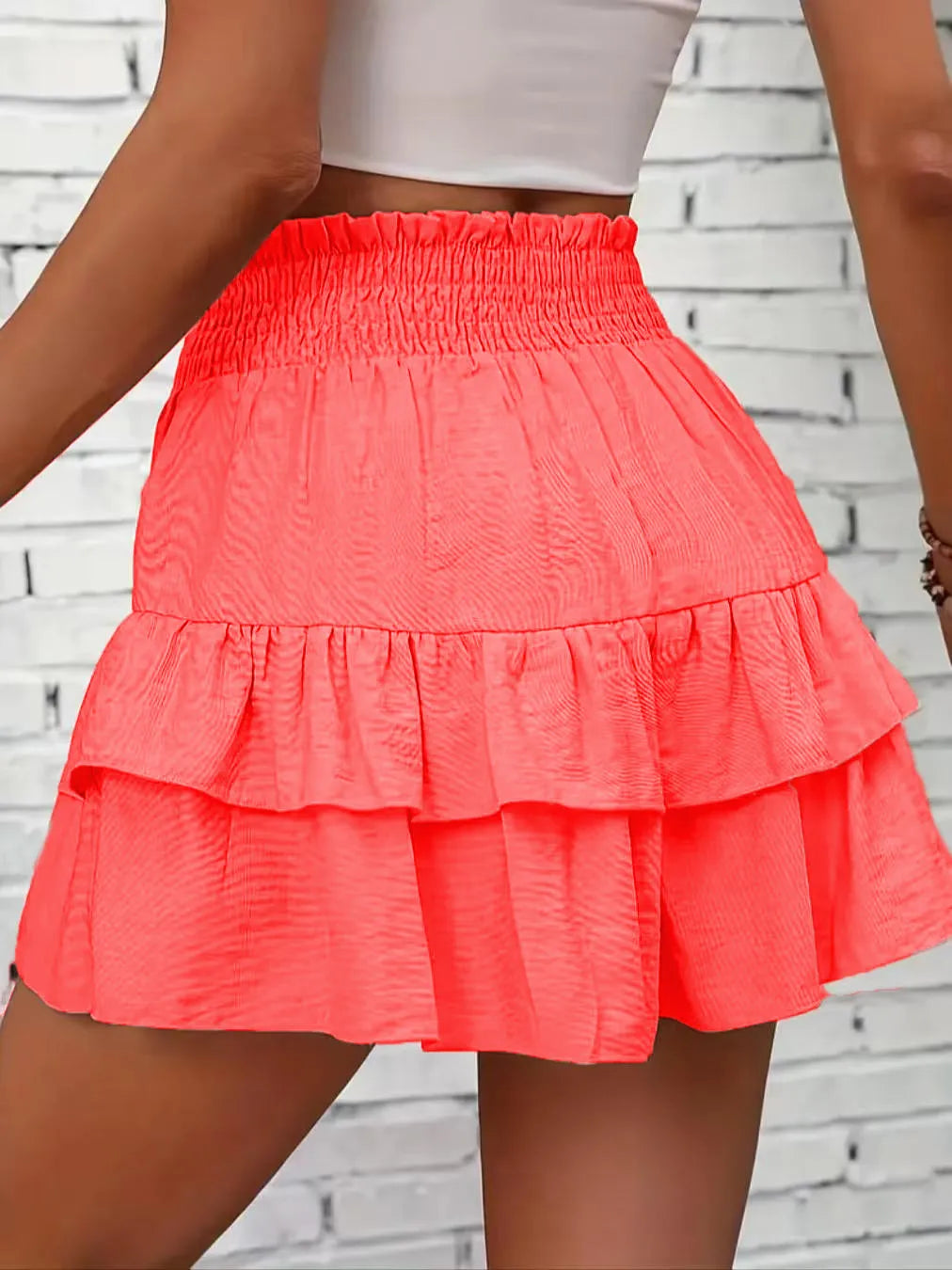 Tiered ruffle high-waist smocked skort with built-in shorts