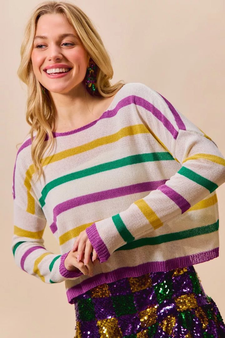 Color stripe lightweight knit sweater with boat neck