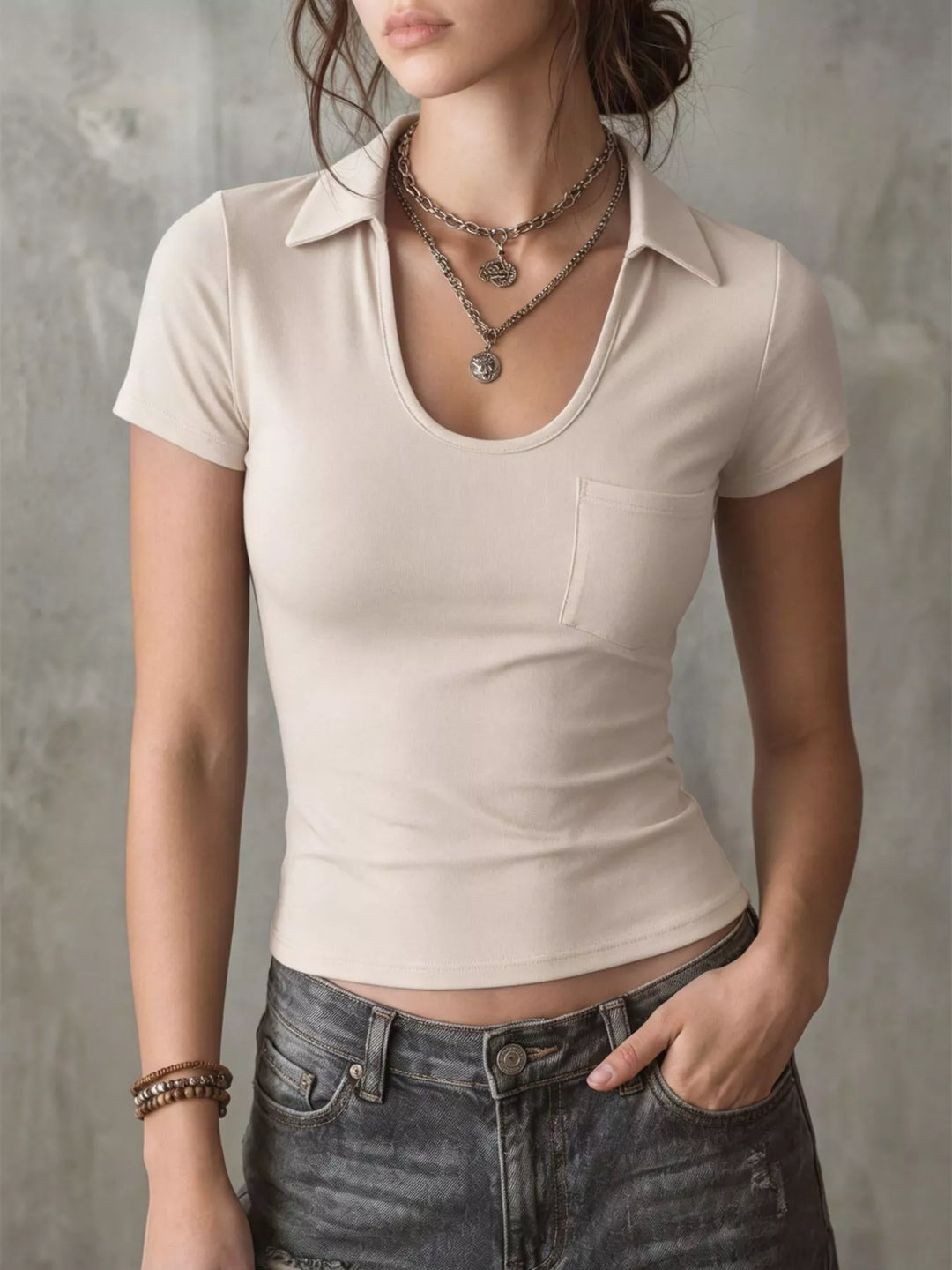 Apricot Short sleeve polo collar crop top with chest pocket