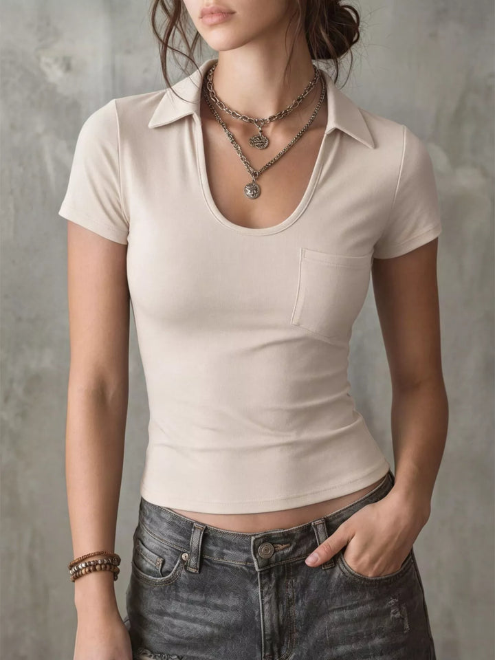 Apricot Short sleeve polo collar crop top with chest pocket
