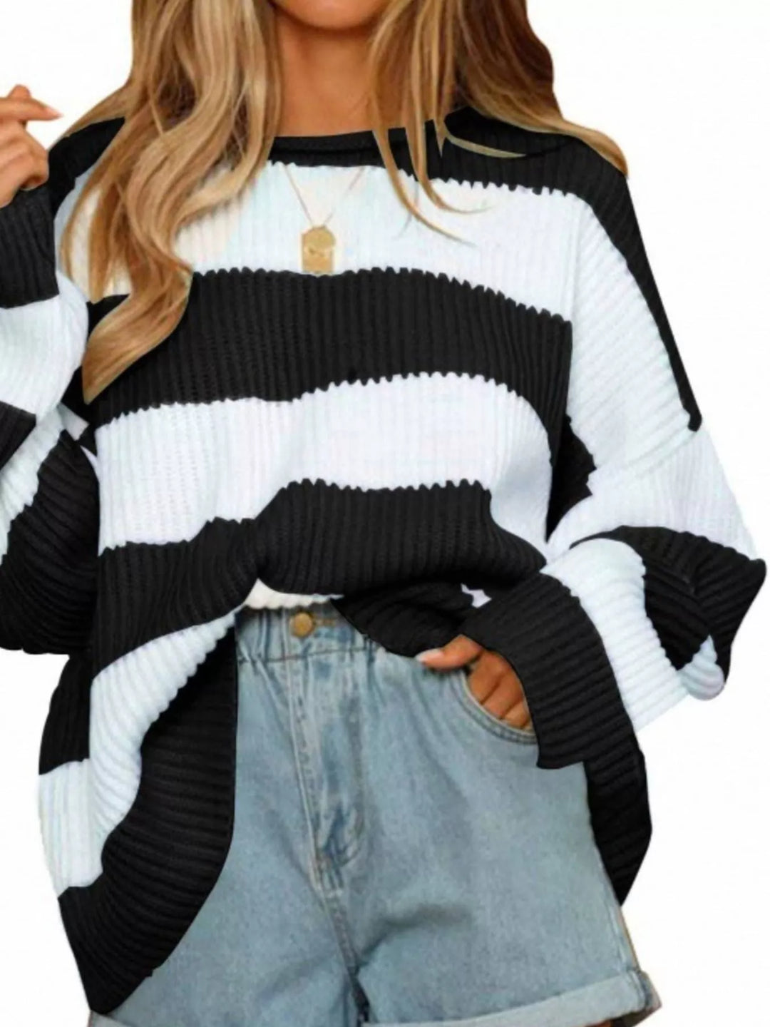 Oversized striped ribbed knit crew neck sweater