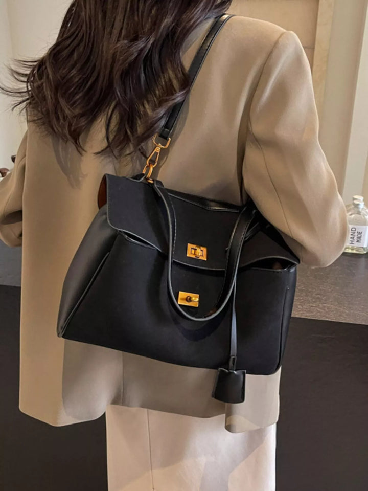 Turn-lock flap satchel bag with detachable shoulder strap