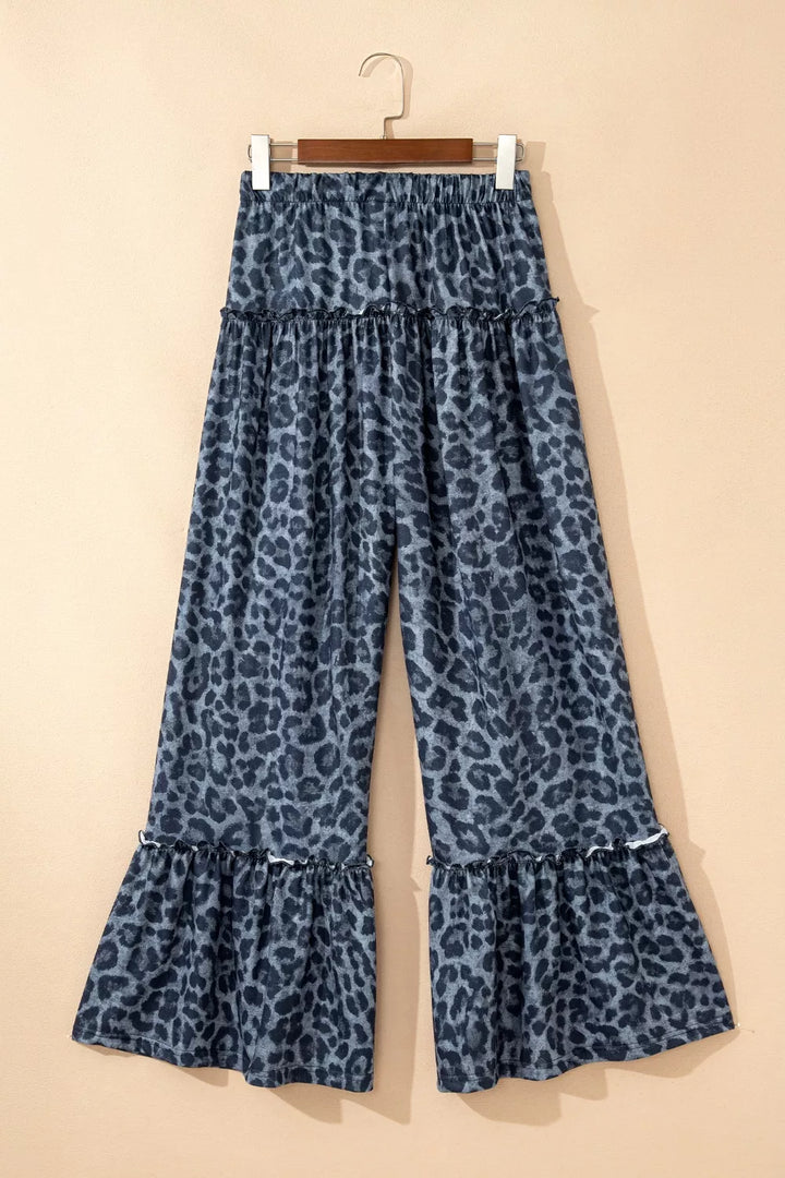 Tiered ruffle leopard wide-leg pants with drawstring waist