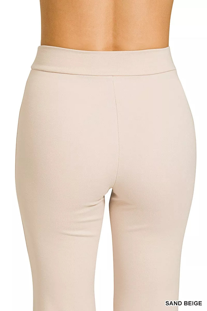 Pintuck front ponte flare pants with elastic waistband