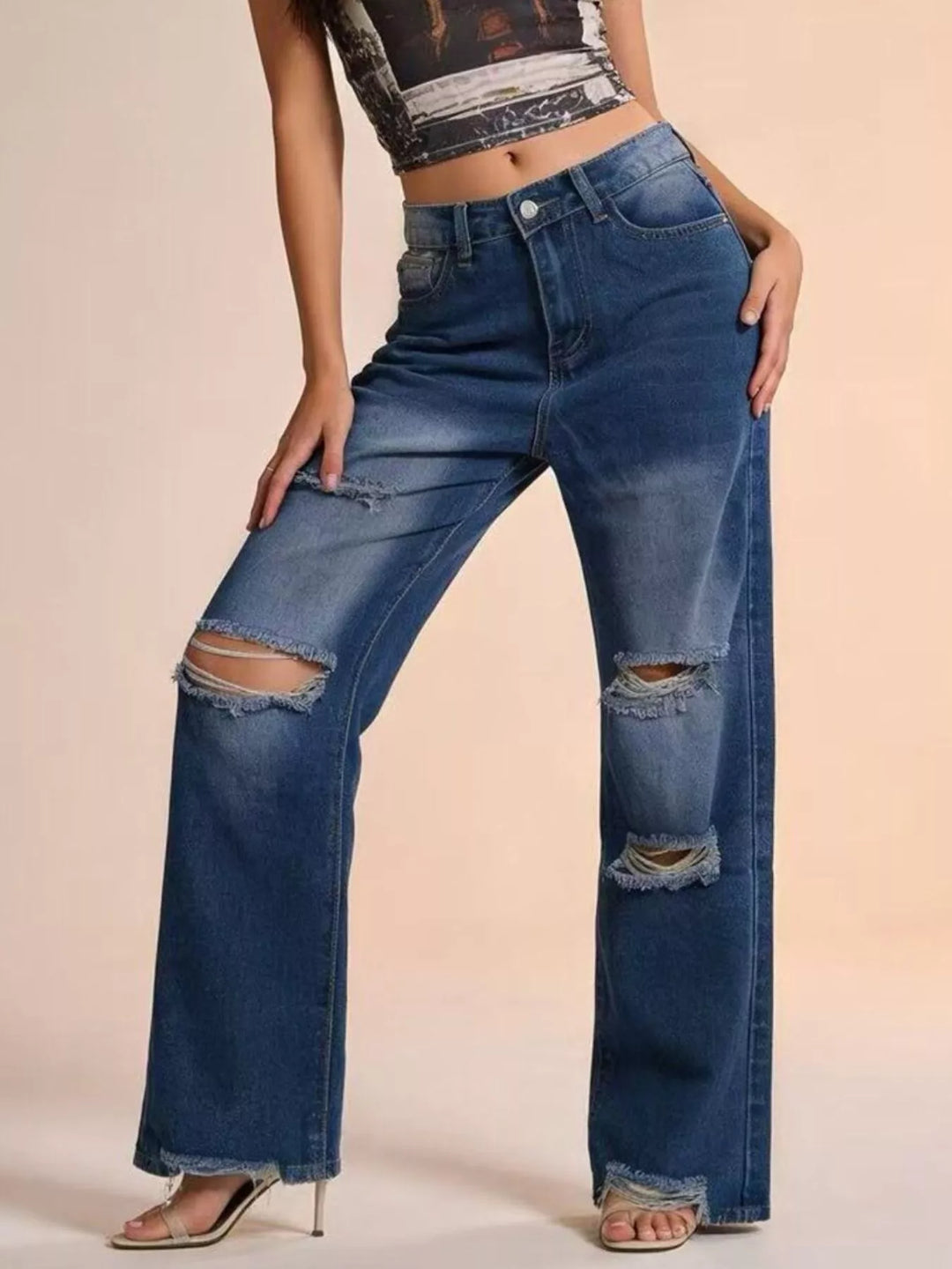 Blue Distressed wide-leg jeans with raw frayed hem