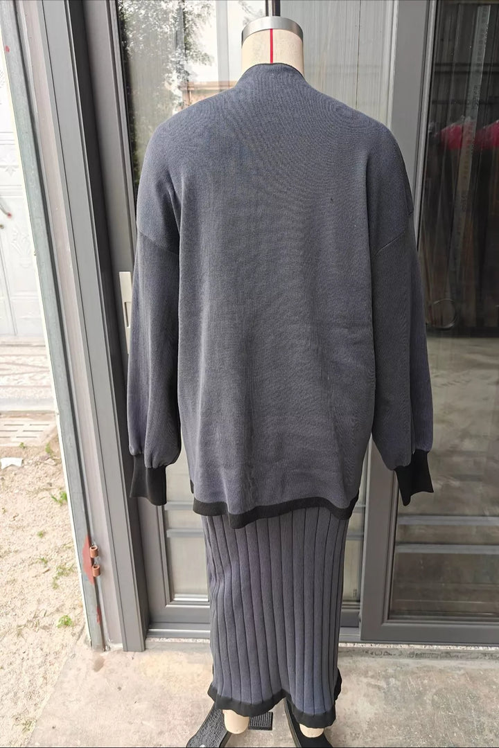 Contrast trim knit sweater top and ribbed maxi skirt set