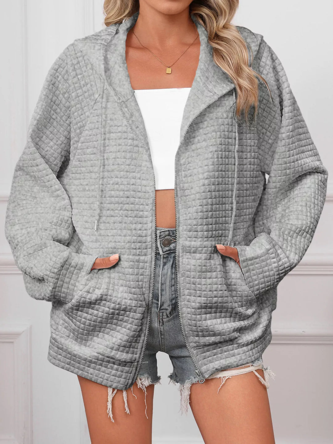 Grey Textured quilted zip-up hooded jacket with pockets