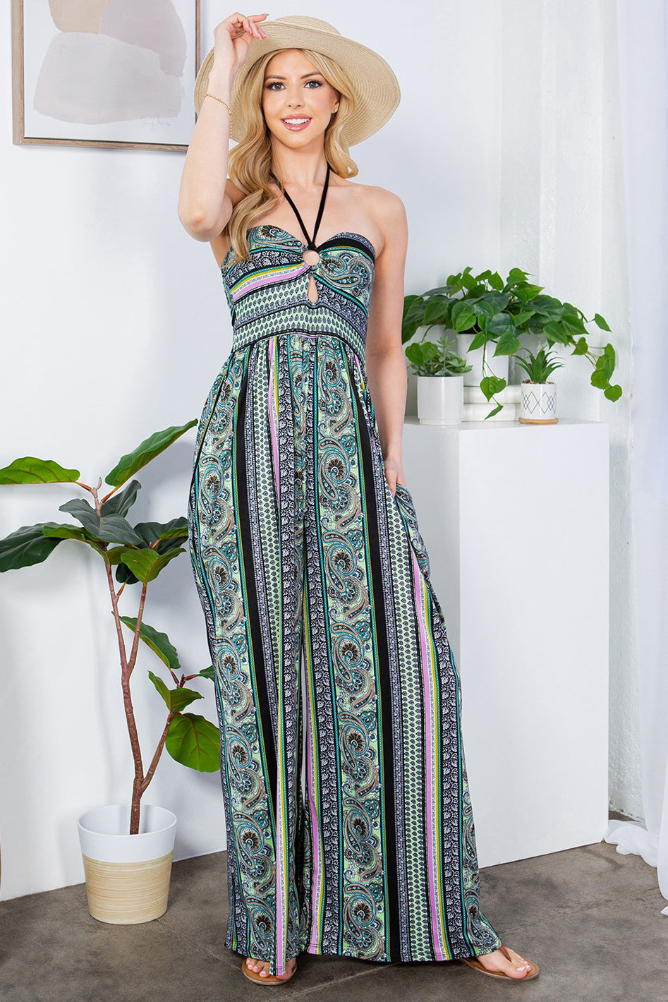 Cut Out Wide Leg Halter Jumpsuit with Pockets - Azoroh