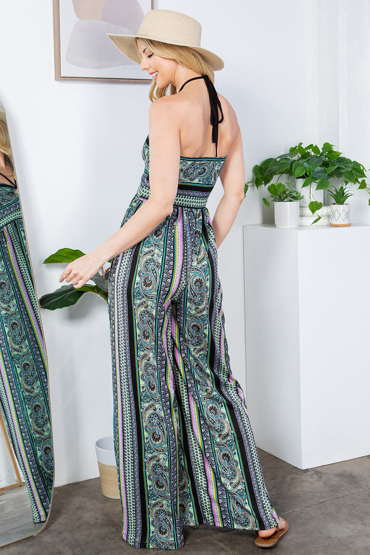Cut Out Wide Leg Halter Jumpsuit with Pockets - Azoroh