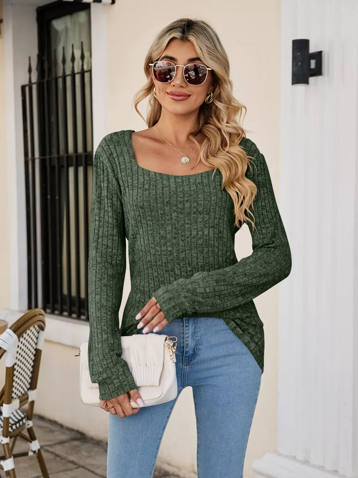 Fitted ribbed square neck long sleeve top