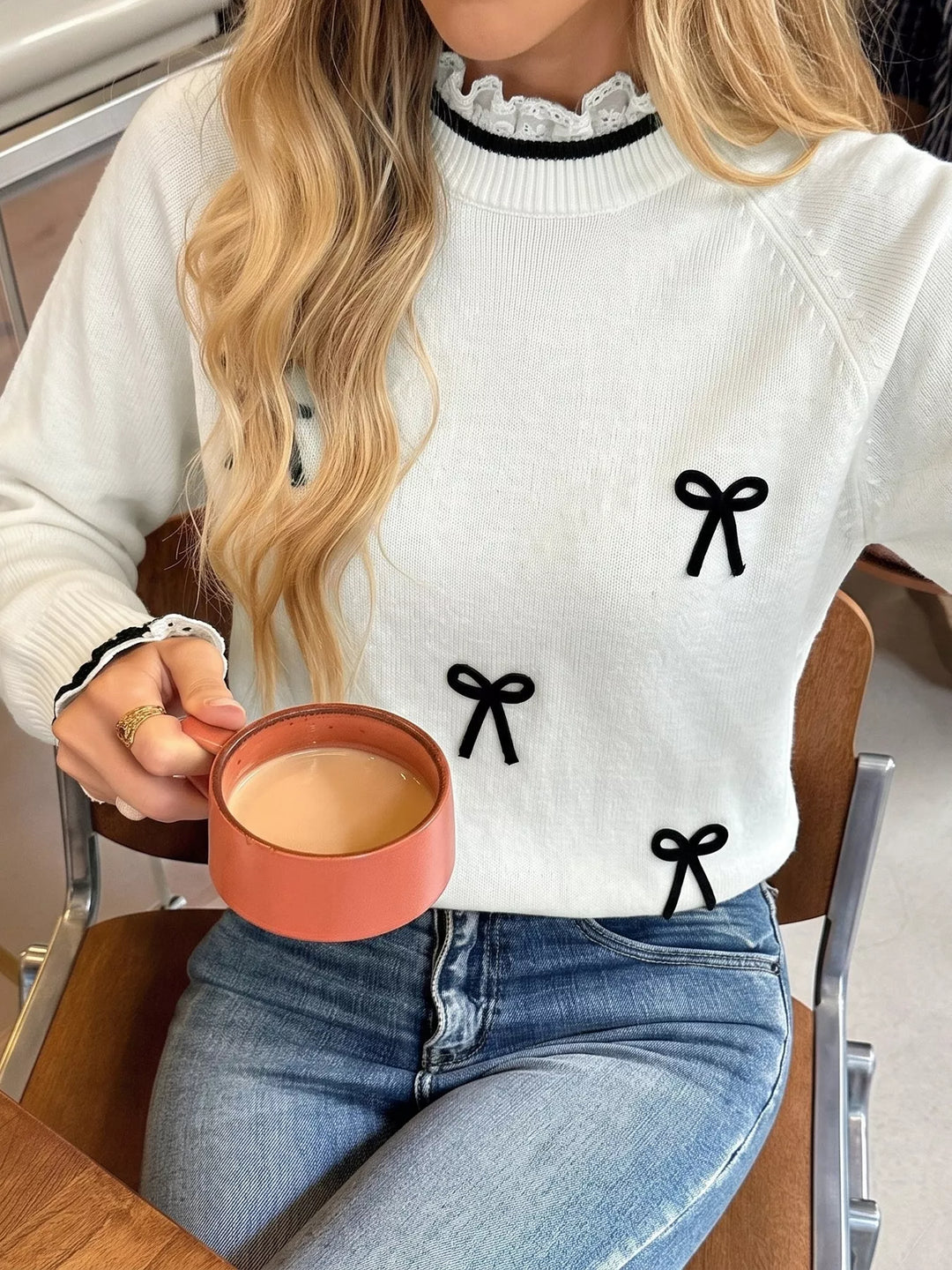Lace trim mock neck sweater with contrast bow appliqués