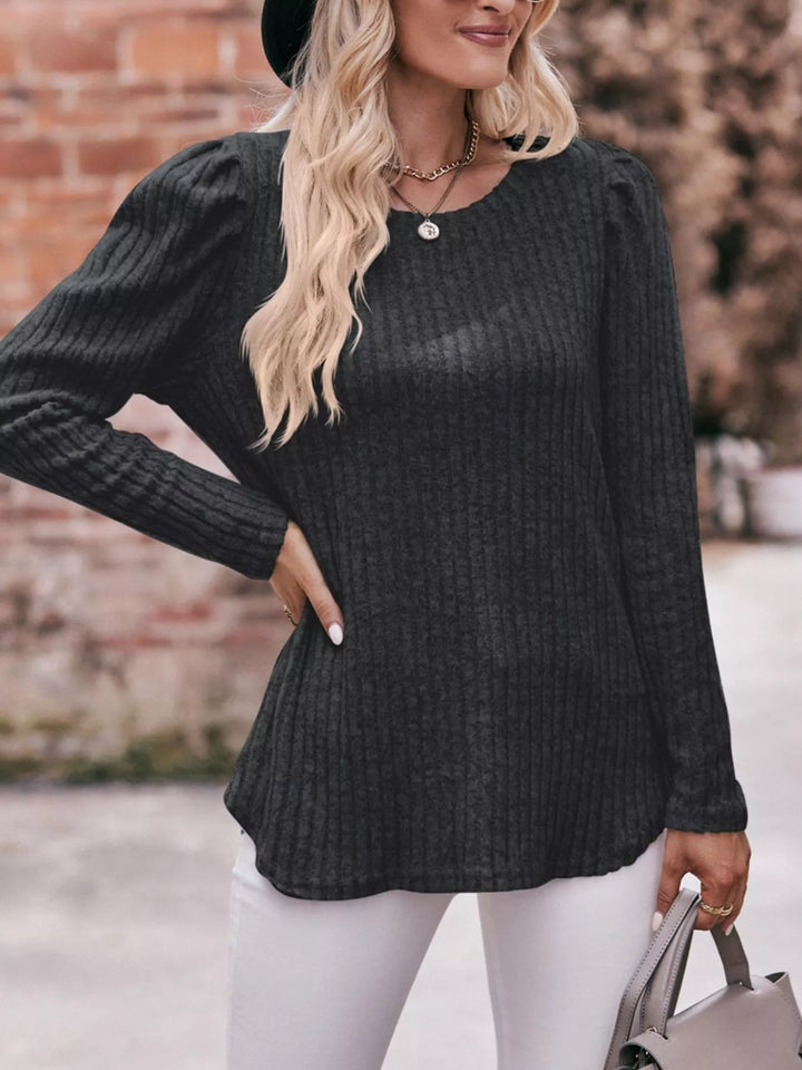 Ribbed knit long sleeve top with puff shoulders