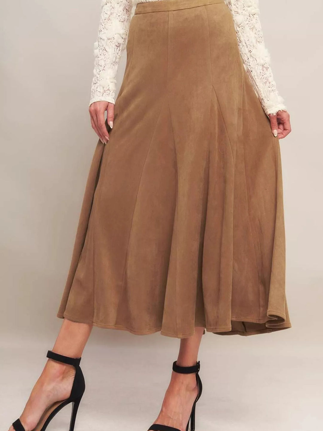 Flowy high-waist A-line midi skirt in suede-touch fabric