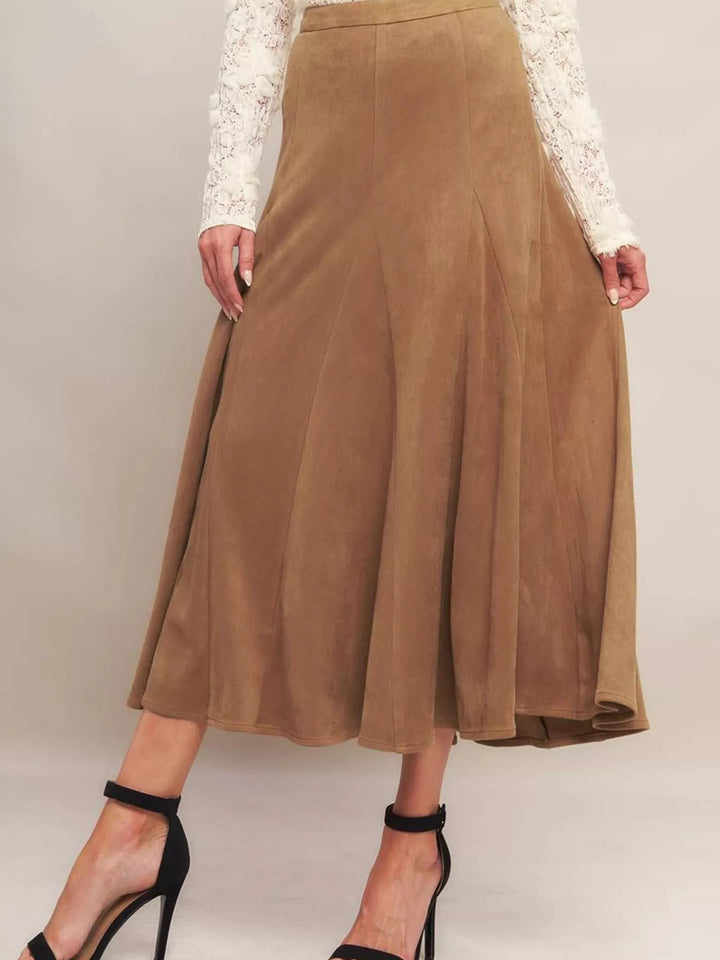 Flowy high-waist A-line midi skirt in suede-touch fabric