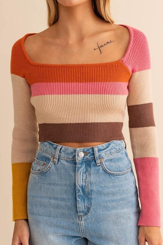 Long Sleeve Color Block Stripe Knit Top - Azoroh