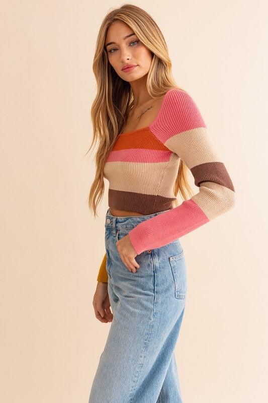 Long Sleeve Color Block Stripe Knit Top - Azoroh