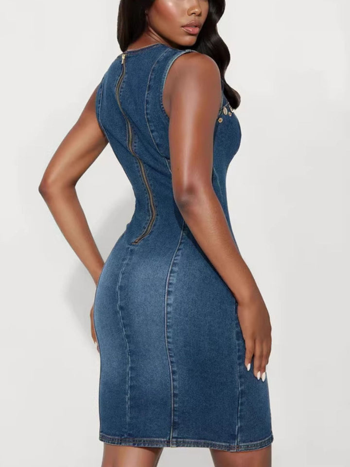 Studded cutout sleeveless denim mini dress