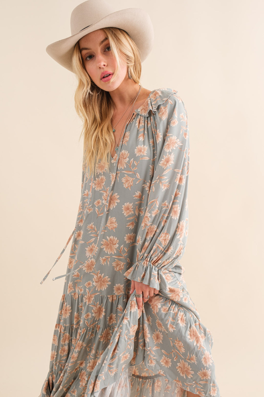 Dobby Floral Print Ruffle Tie Tiered Maxi Dress - Azoroh