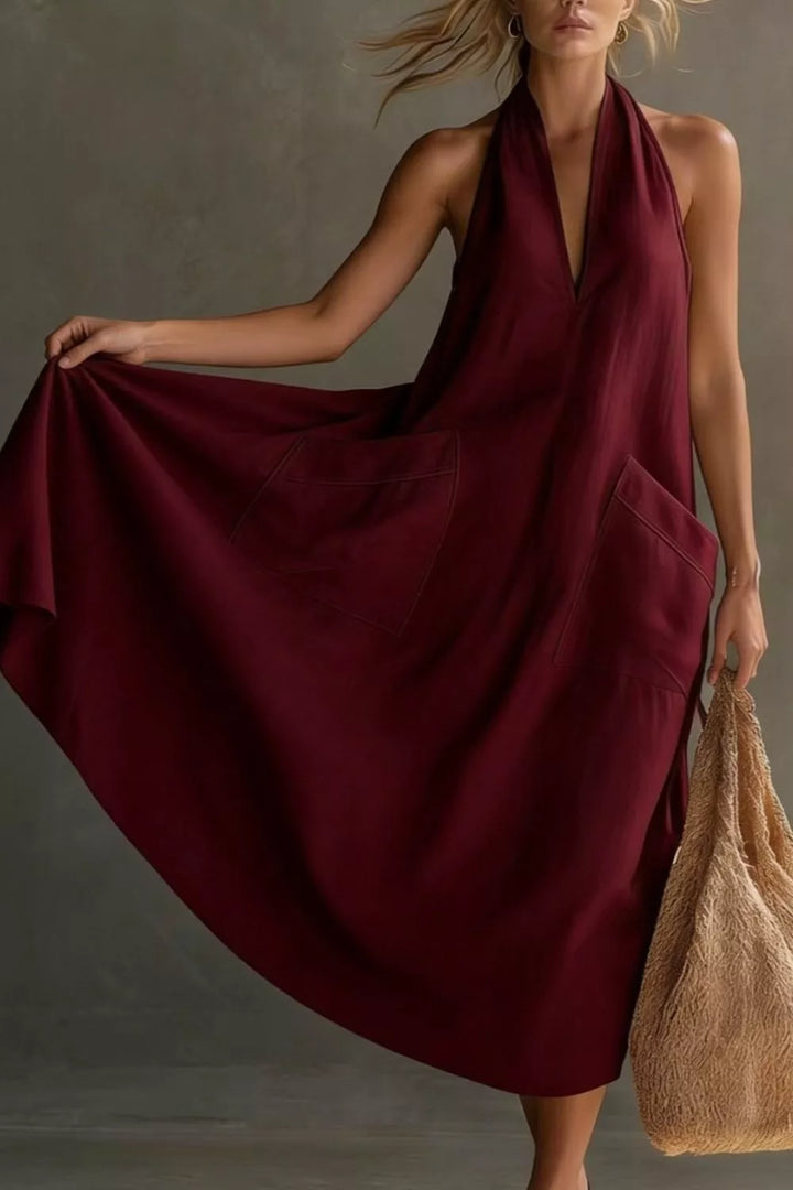 Relaxed halter neck midi dress with patch pockets