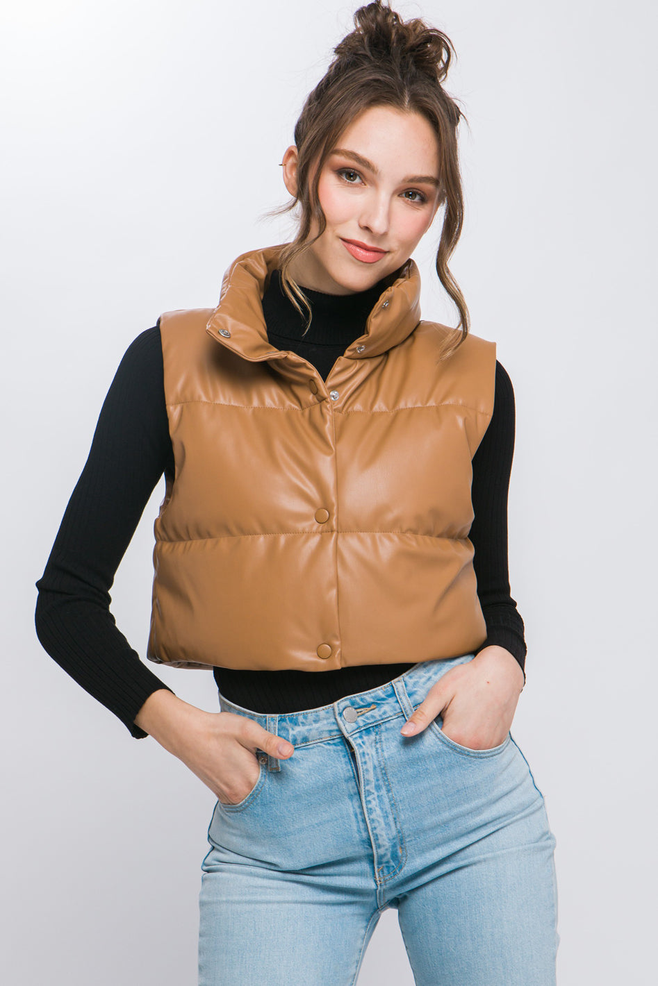 PU Faux Leather puffer West With Snap Button - Azoroh