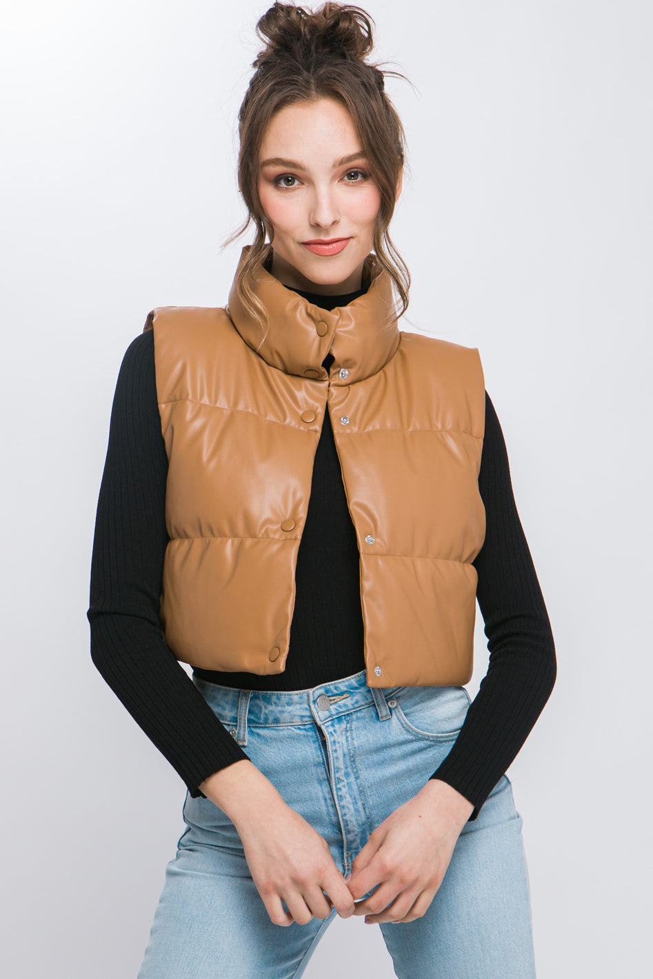 PU Faux Leather puffer West With Snap Button - Azoroh