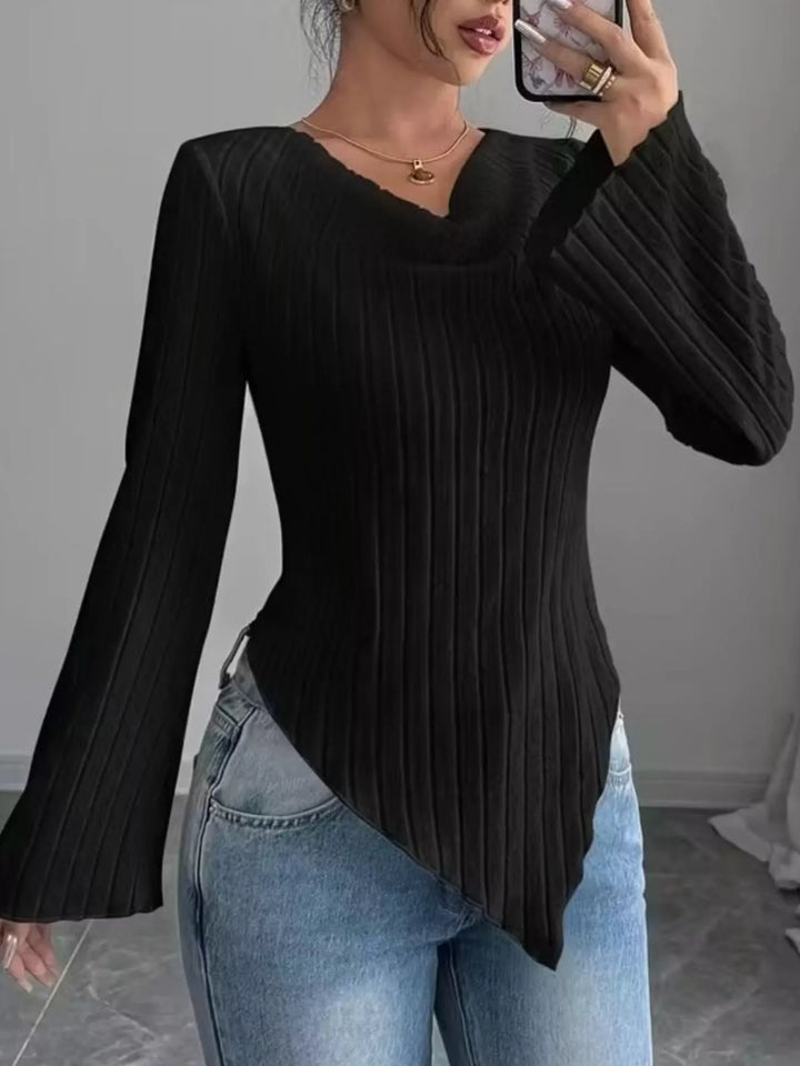 Black Ribbed knit top with asymmetric hem and flared sleeves