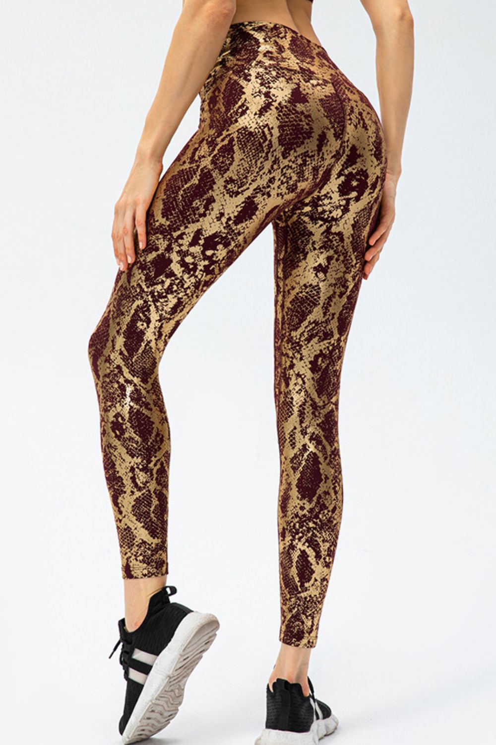 Metallic snakeskin print wide waistband workout leggings