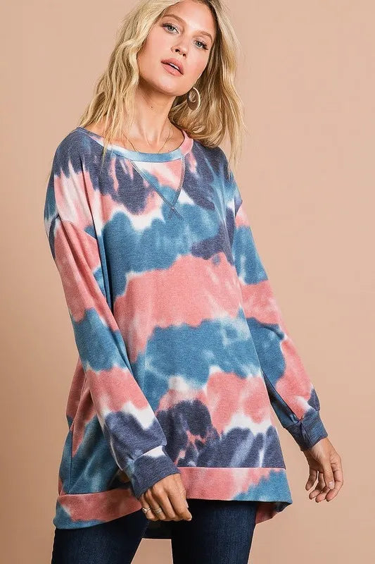 Tie-dye French terry pullover with front stitch detail