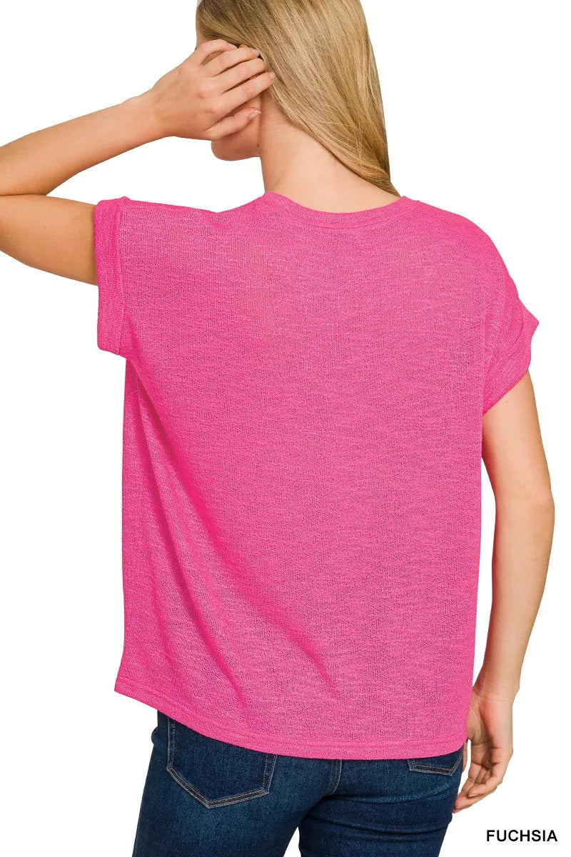 Hacci slub knit tee with rolled cuff short sleeves