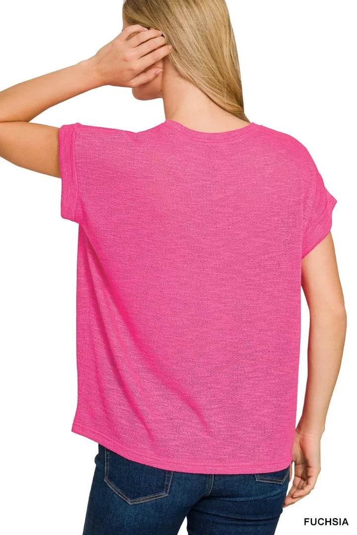 Hacci slub knit tee with rolled cuff short sleeves
