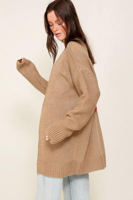 Long Sleeve Open Front Cardigan With Back Heart - Azoroh