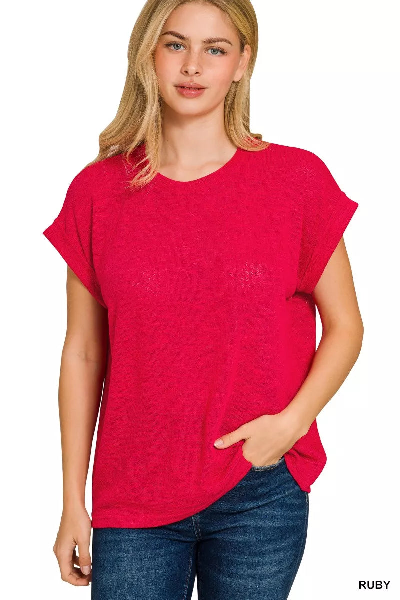 RUBY Relaxed hacci knit rolled-cuff short sleeve tee