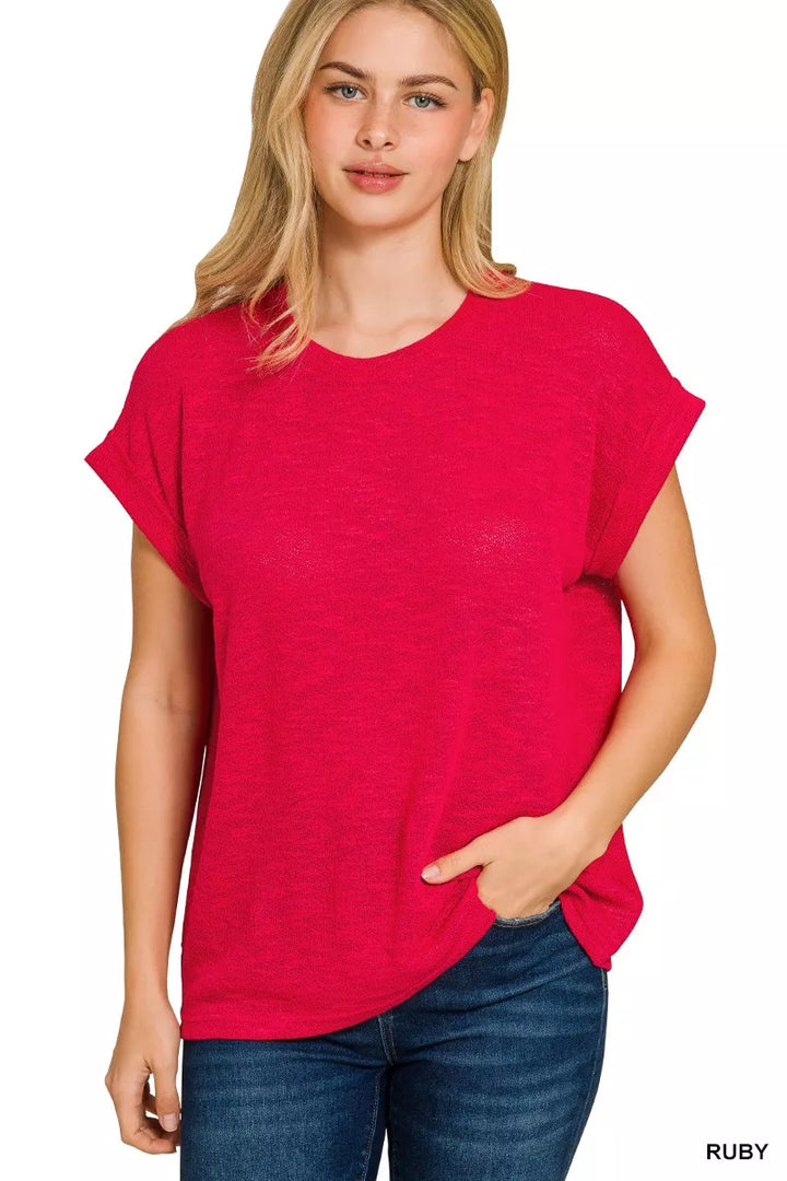 RUBY Relaxed hacci knit rolled-cuff short sleeve tee