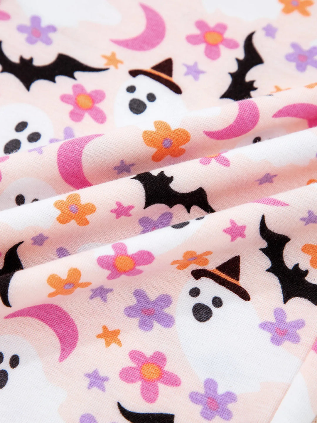 Ghost and bat print button-up pajama set with piped trim