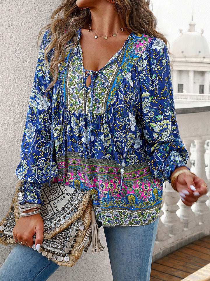 Bohemian floral print tie-neck lantern sleeve blouse
