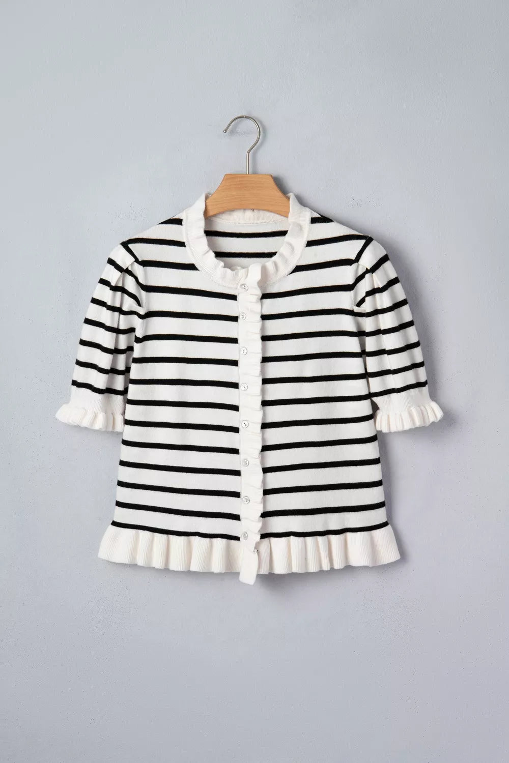 Striped short sleeve knit cardigan with ruffle trim