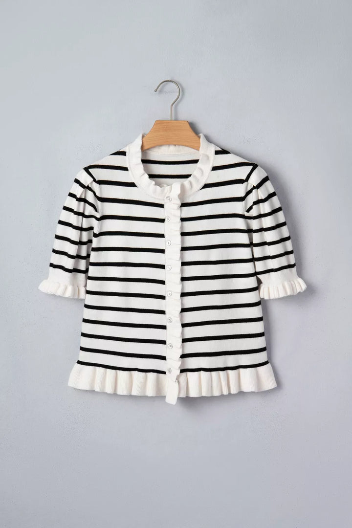 Striped short sleeve knit cardigan with ruffle trim