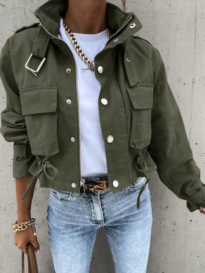 Green Abstract print cropped utility jacket with drawstring hem