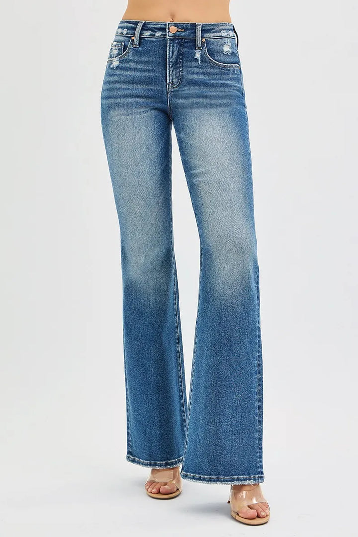 High-rise tummy control flare jeans with distressed waist