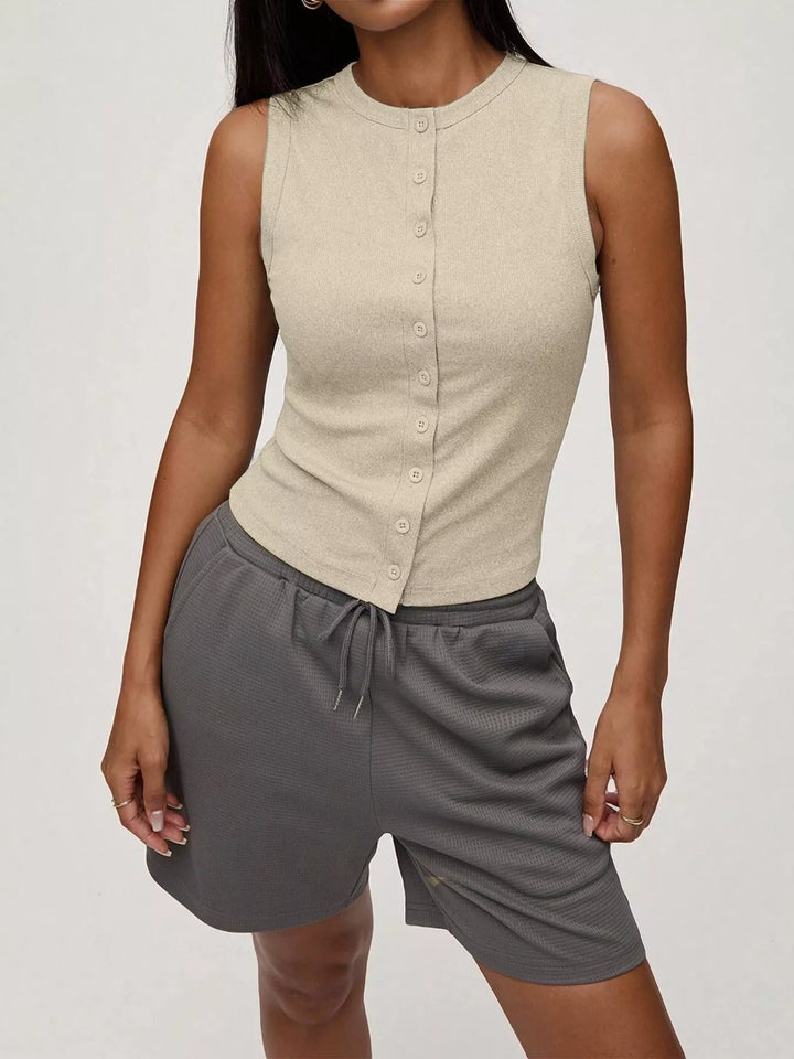 Ribbed mock-neck button-front sleeveless tank