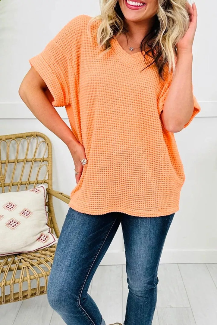 Waffle knit V-neck tee with cuffed short sleeves
