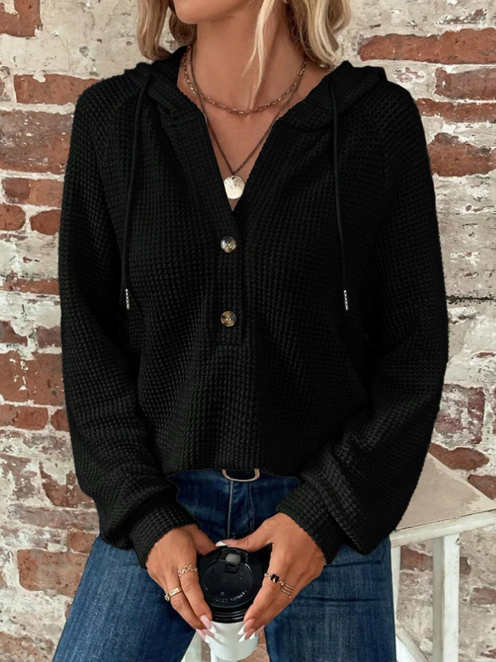 Black Waffle knit button-front hoodie with drawstring hood