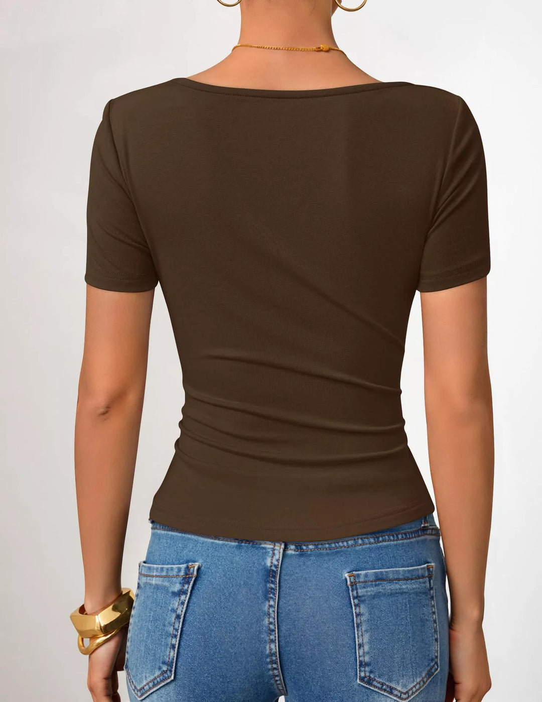 Asymmetrical neckline fitted tee with side ruching